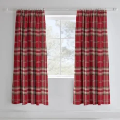 Catherine Lansfield Red Kelso Check Lined Pencil Pleat Curtains Two Panels