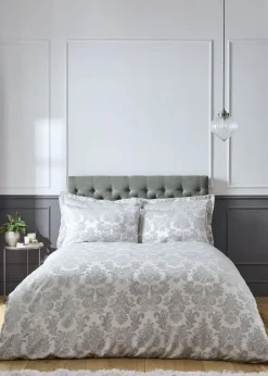 Catherine Lansfield Silver Grey Damask Jacquard Duvet Cover Set with Pillowcases