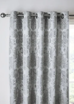 Catherine Lansfield  Silver Grey Damask Jacquard Lined Eyelet Curtains Two Panels