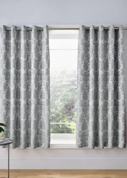 Catherine Lansfield  Silver Grey Damask Jacquard Lined Eyelet Curtains Two Panels