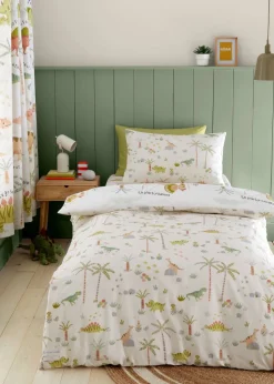 Catherine Lansfield Sleepy Dino Reversible Natural Green Duvet Cover Set