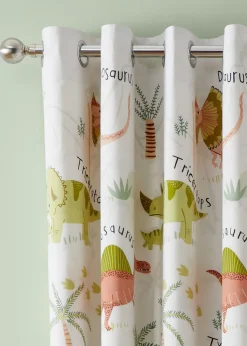 Catherine Lansfield Sleepy Dino Fully Reversible Natural Green Eyelet Curtains