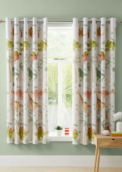 Catherine Lansfield Sleepy Dino Fully Reversible Natural Green Eyelet Curtains