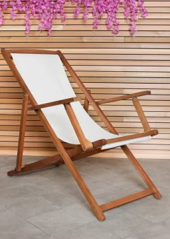 Charles Bentley Folding FSC Eucalyptus Wooden Deck Chair Beach Sun Lounger Cream