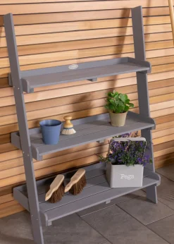 Charles Bentley FSC Wide Wooden Ladder Planter Grey 3 Shelves (H110cm x D33cm x W79cm)