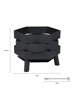 Charles Bentley Hexagonal 46cm Black Powder Coated Steel Modern Firepit (H35.5cm x W46cm x D46cm)