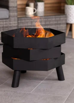 Charles Bentley Hexagonal 46cm Black Powder Coated Steel Modern Firepit (H35.5cm x W46cm x D46cm)