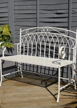 Charles Bentley Wrought Iron Feminine Bench Antique White (H89cm x L104.5cm x W54cm)