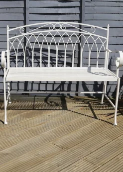 Charles Bentley Wrought Iron Feminine Bench Antique White (H89cm x L104.5cm x W54cm)