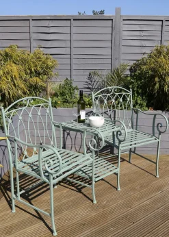 Charles Bentley Wrought Iron Rustic Companion Seat for Two Sage Green (H68.5cm x W155cm x D91.5cm)