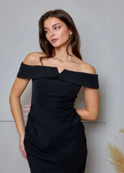 Chi Chi London Black Bardot Split Detail Bodycon Midi Dress