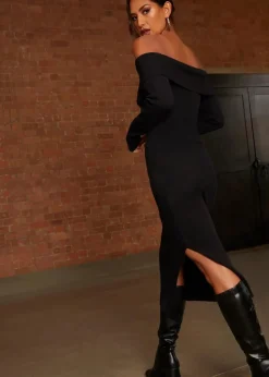 Chi Chi London Black Bardot Split Detail Midi Jumper Dress
