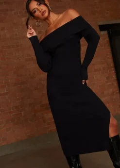 Chi Chi London Black Bardot Split Detail Midi Jumper Dress