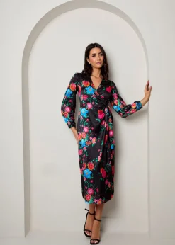 Chi Chi London Black Long Sleeve Floral Wrap Dress