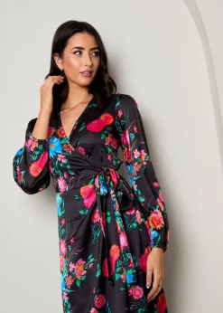 Chi Chi London Black Long Sleeve Floral Wrap Dress