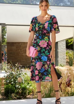 Chi Chi London Black Short Sleeve Floral Midi Dress