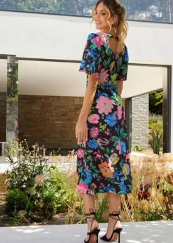 Chi Chi London Black Short Sleeve Floral Midi Dress