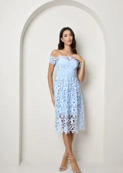 Chi Chi London Blue Bardot Lace Midi Crochet Dress