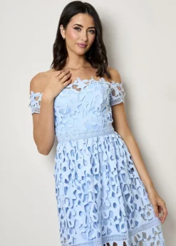 Chi Chi London Blue Bardot Lace Midi Crochet Dress