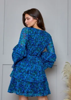 Chi Chi London Blue Floral Wrap Chiffon Mini Dress