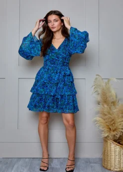 Chi Chi London Blue Floral Wrap Chiffon Mini Dress