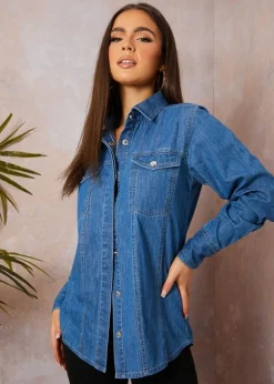 Chi Chi London Blue Long Sleeve Denim Shirt