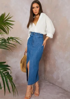 Chi Chi London Blue Split Hem Demin Maxi Skirt