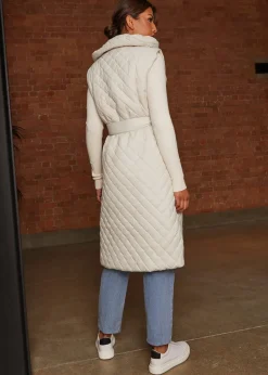 Chi Chi London Cream Diamond Quilted Longline Belted Gilet