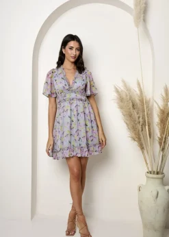 Chi Chi London Grey Short Sleeve Ruffle Mini Dress