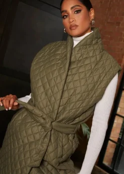 Chi Chi London Khaki Diamond Quilted Longline Belted Gilet