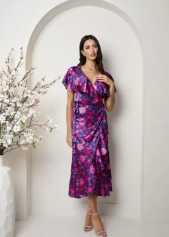 Chi Chi London Multi V Neck Floral Wrap Midi Dress