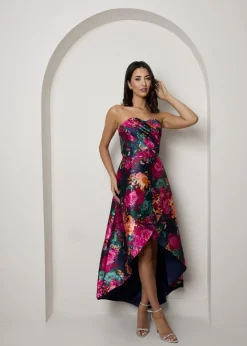 Chi Chi London Navy Bandeau Sweetheart Floral Wrap Detail Dip Hem Dress