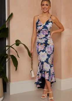 Chi Chi London Navy Sleeveless Floral Print Ruffle Midi Dress