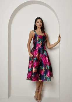 Chi Chi London Navy Sleeveless Floral Fit & Flare Midi Dress