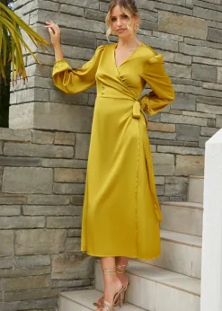 Chi Chi London Olive Long Sleeve Satin Wrap Shirt Dress