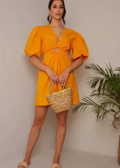 Chi Chi London Orange Ring Front Puff Sleeve Mini Dress