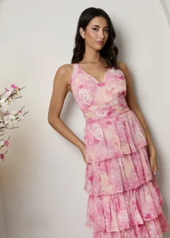 Chi Chi London Pink Sleeveless Floral Print Midi Dress