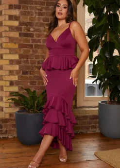 Chi Chi London Purple Cami Strap Ruffle Detail Bodycon Midi Dress