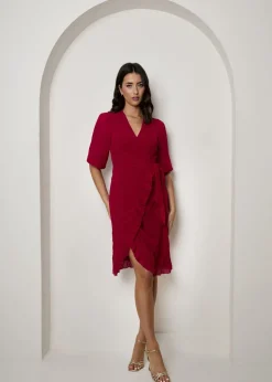 Chi Chi London Red Puff Sleeve Dobby Ruffle Wrap Mini Dress