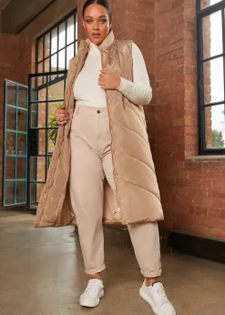 Chi Chi London Tan Diamond Quilt Detail Longline Padded Gilet