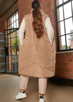 Chi Chi London Tan Diamond Quilt Detail Longline Padded Gilet