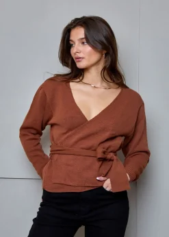 Chi Chi London Tan V Neck Wrap Jumper