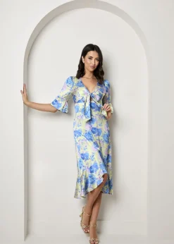 Chi Chi London Yellow Short Sleeve Tie Front Floral Midi Dress