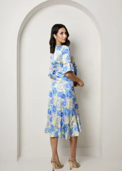 Chi Chi London Yellow Short Sleeve Tie Front Floral Midi Dress