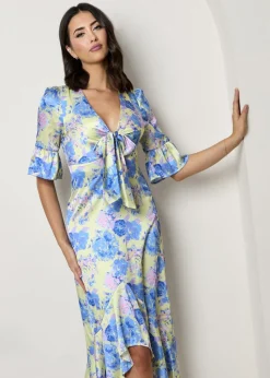 Chi Chi London Yellow Short Sleeve Tie Front Floral Midi Dress