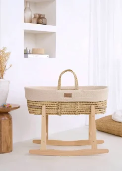 Clair de Lune Organic Cream Knitted Moses Basket With Natural Rocking Stand