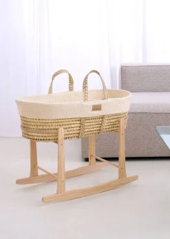 Clair de Lune Organic Cream Knitted Moses Basket With Natural Rocking Stand