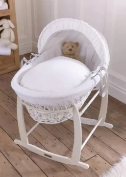 Clair de Lune White Waffle Wicker Moses Basket with Deluxe Rocking Stand