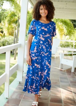 Cotton Traders Aegean Blue Prinkle Crinkle Maxi Dress