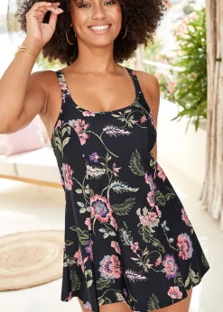 Cotton Traders Black Tummy Control Printed Swim Dress